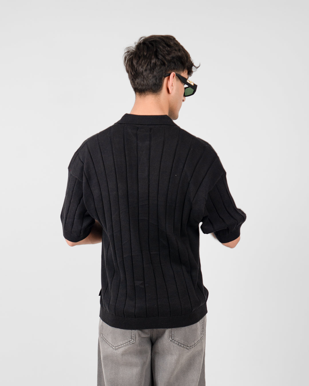 Black Striped Knitted Polo T-Shirt