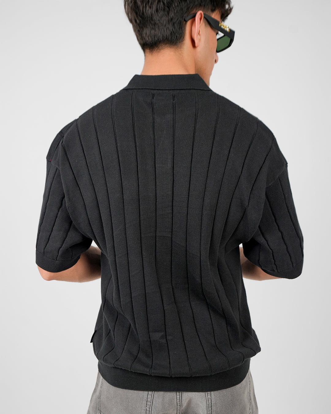 Black Striped Knitted Polo T-Shirt