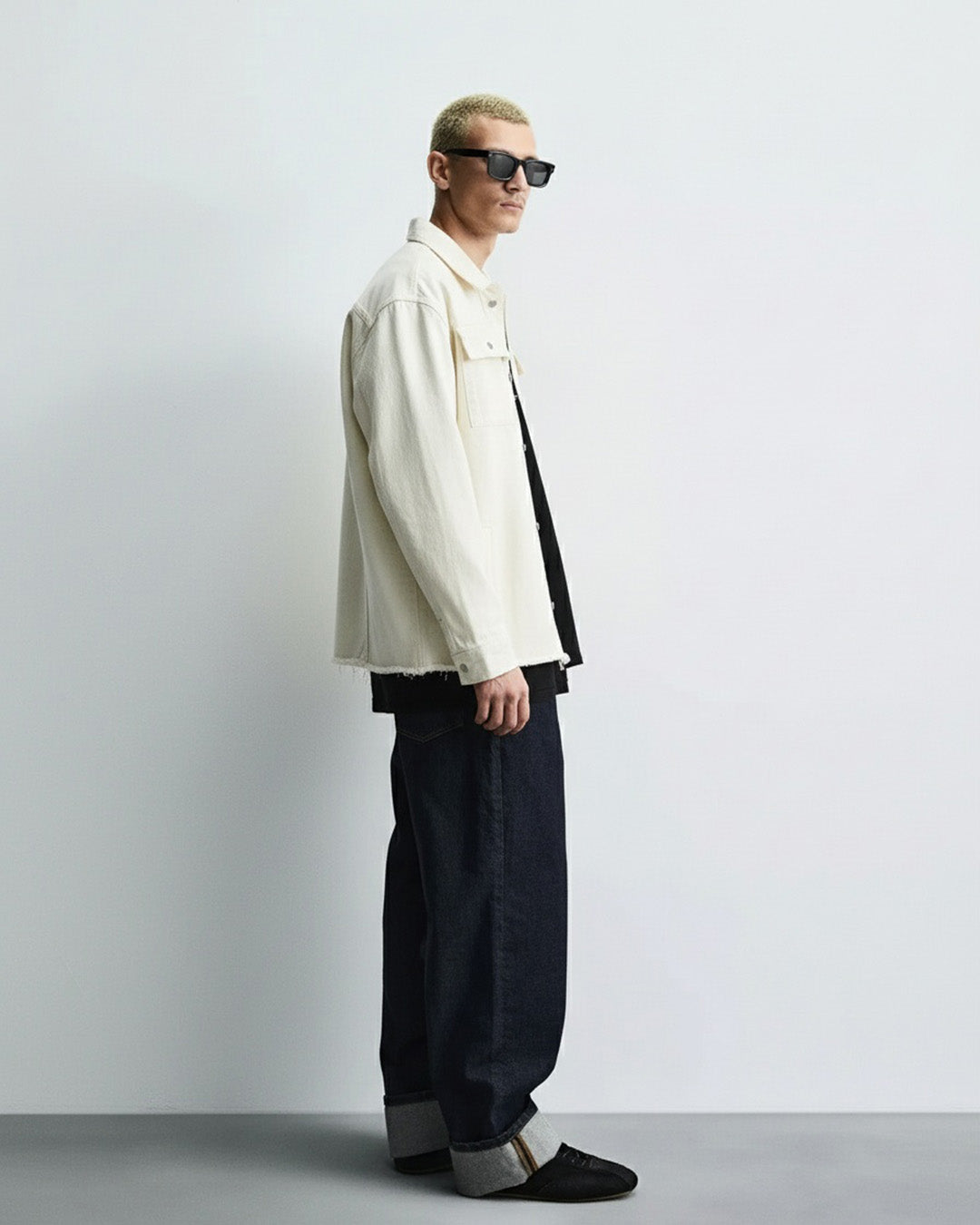 Cream Long Sleeve Stitched Denim Overshirt