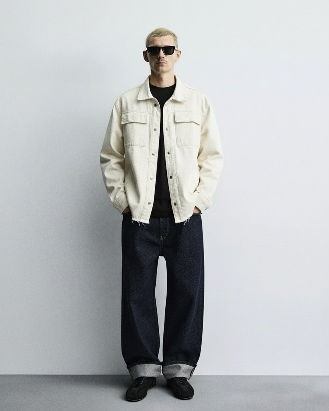 Cream Long Sleeve Stitched Denim Overshirt