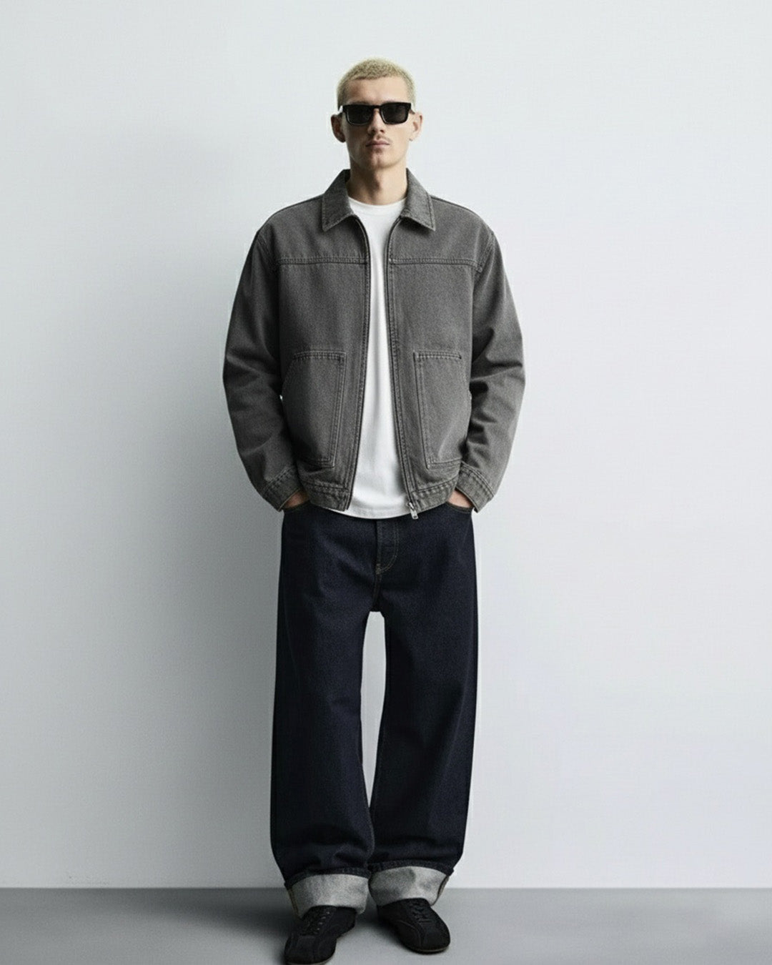 Grey Long Sleeve Stitched Denim Overshirt