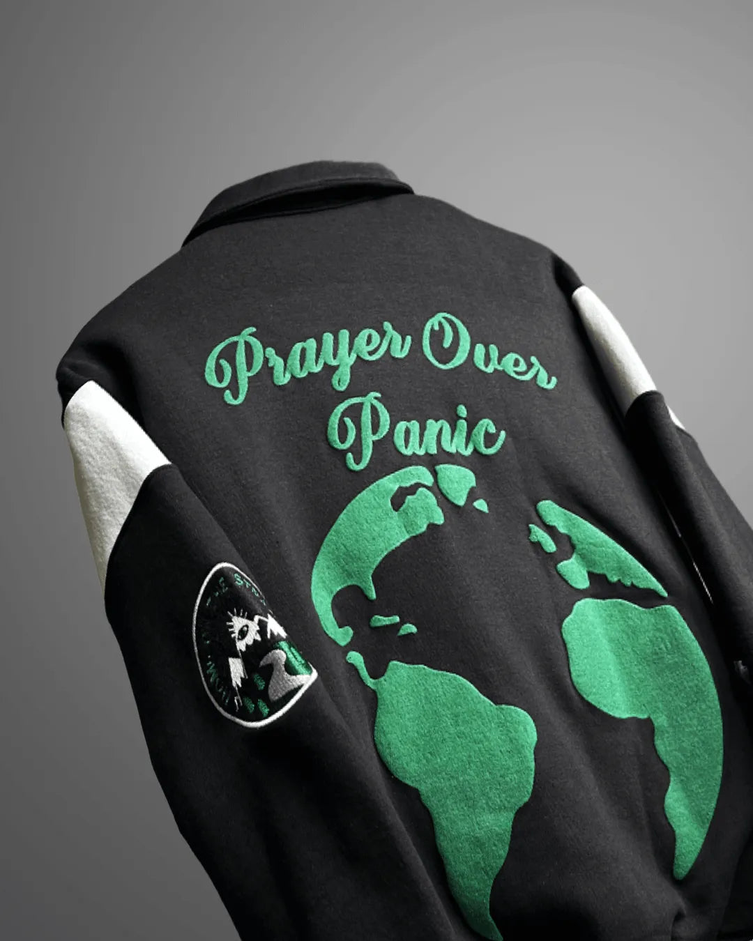 Prayer Over Panic Black Varsity Jacket