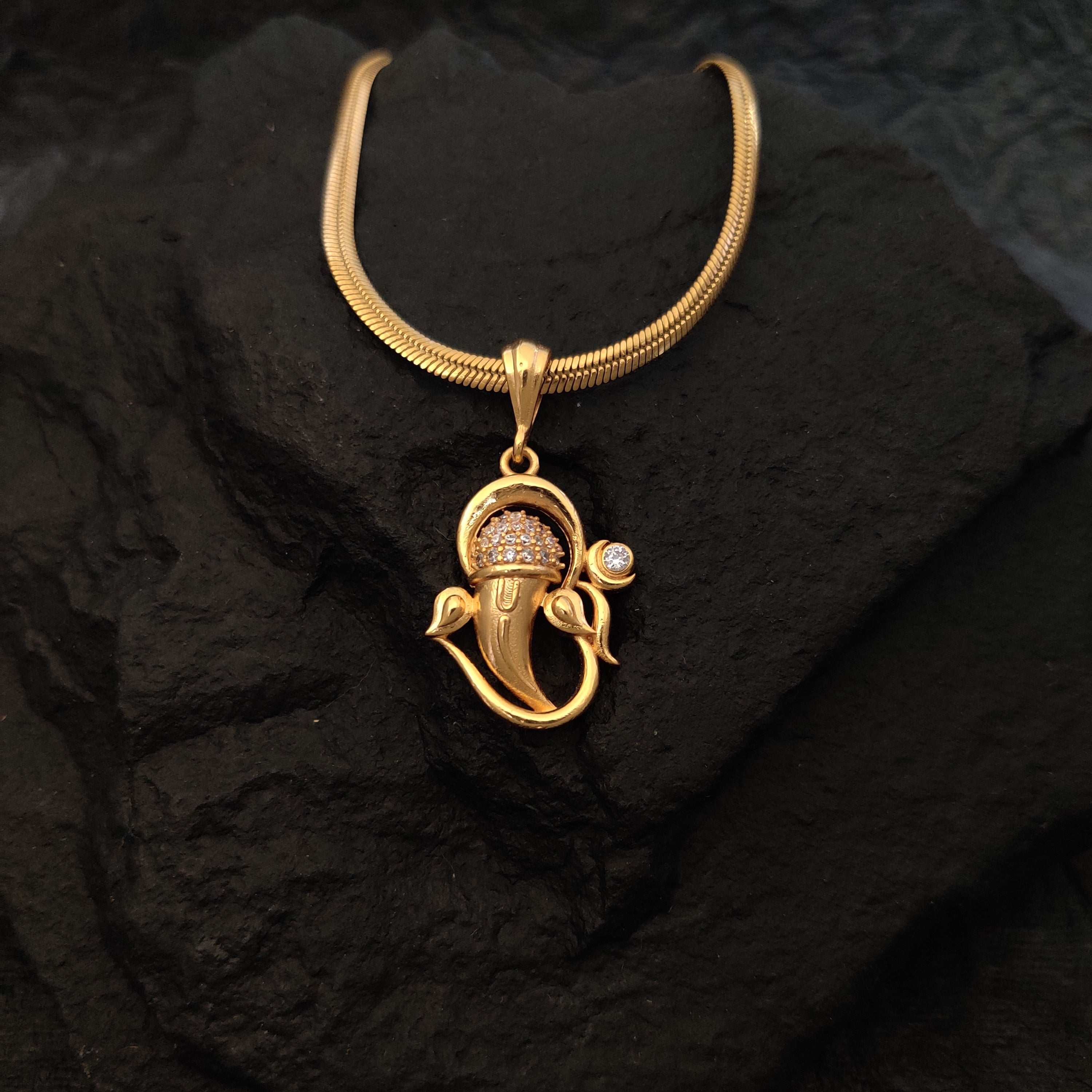 Studded CZ Ganesha Pendant with Gold Plated Chain