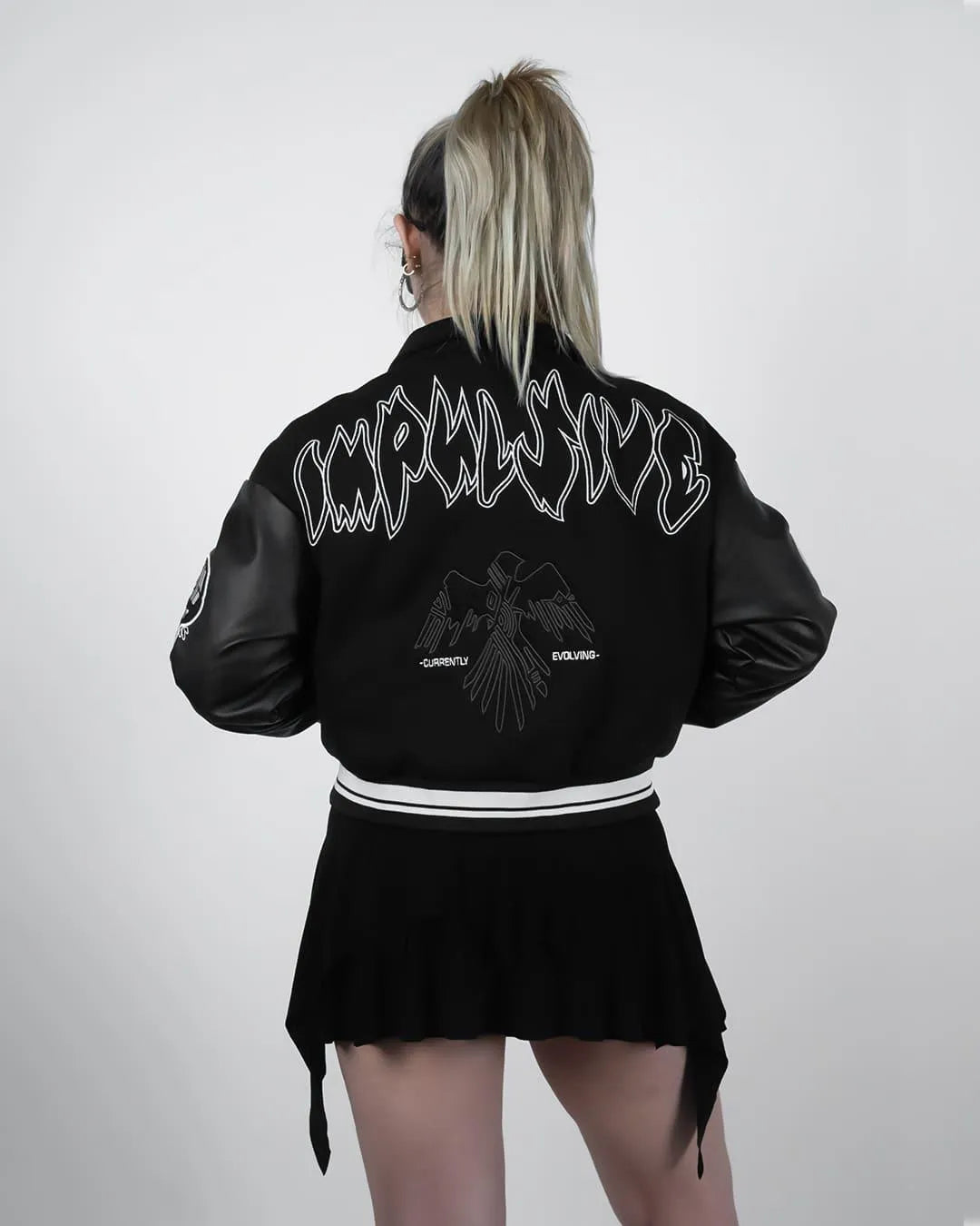 Impulsive Black Cropped Varsity Jacket for Women