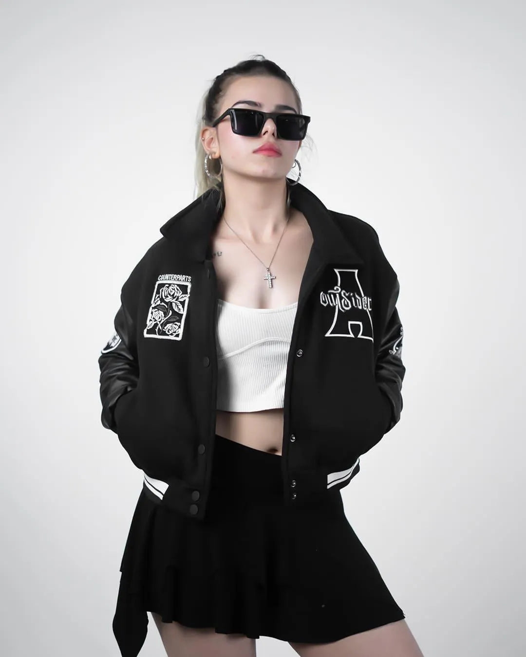 Impulsive Black Cropped Varsity Jacket for Women