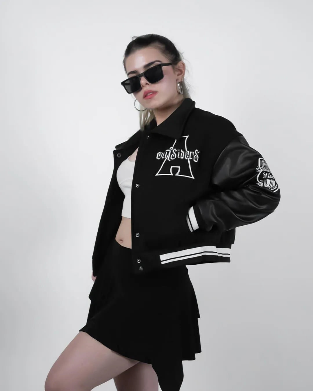 Impulsive Black Cropped Varsity Jacket for Women