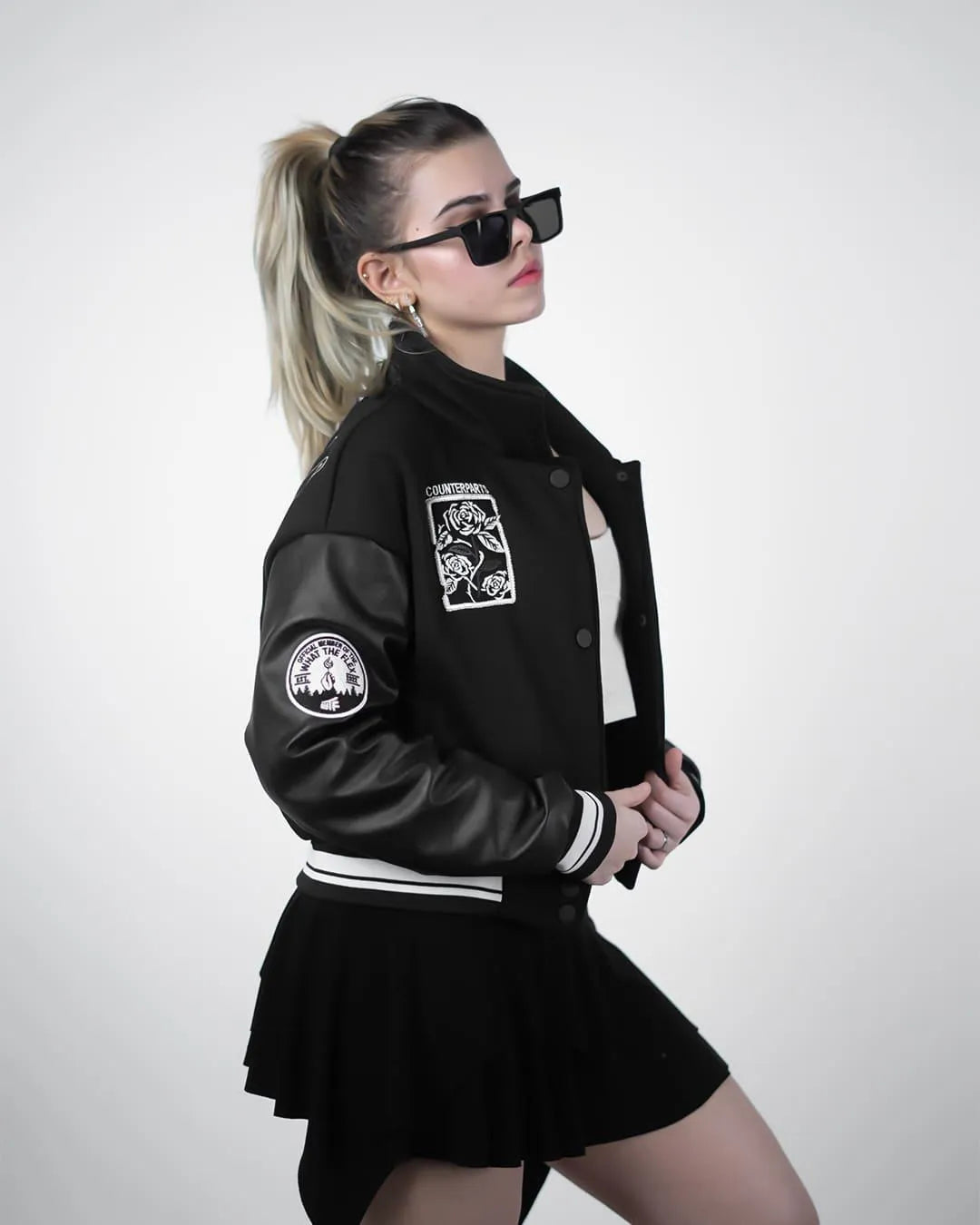 Impulsive Black Cropped Varsity Jacket for Women