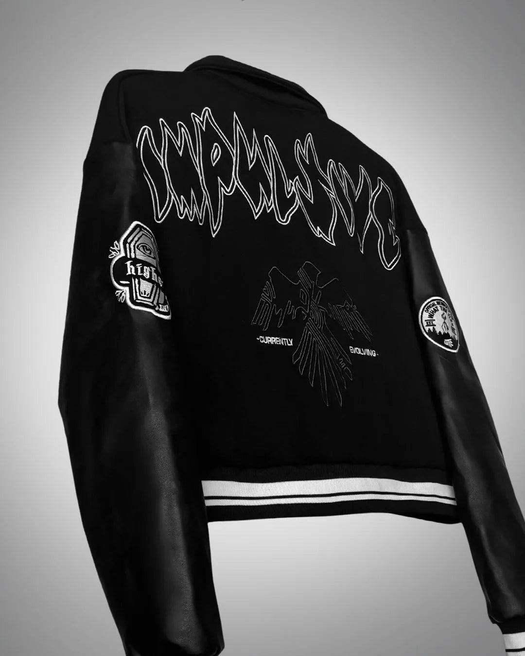 Impulsive Black Cropped Varsity Jacket for Women