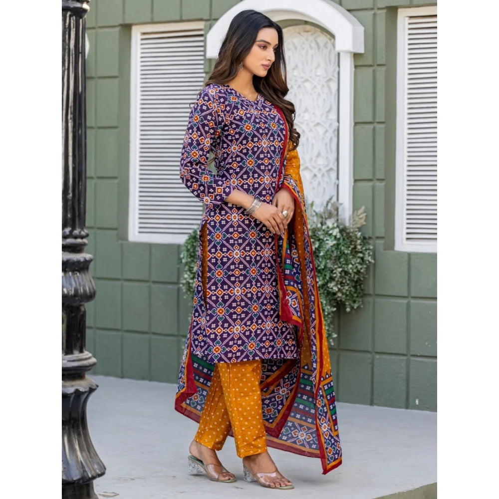 Women's Cotton Blend Printed Kurti With Pant Dupatta Set (Navy Blue)