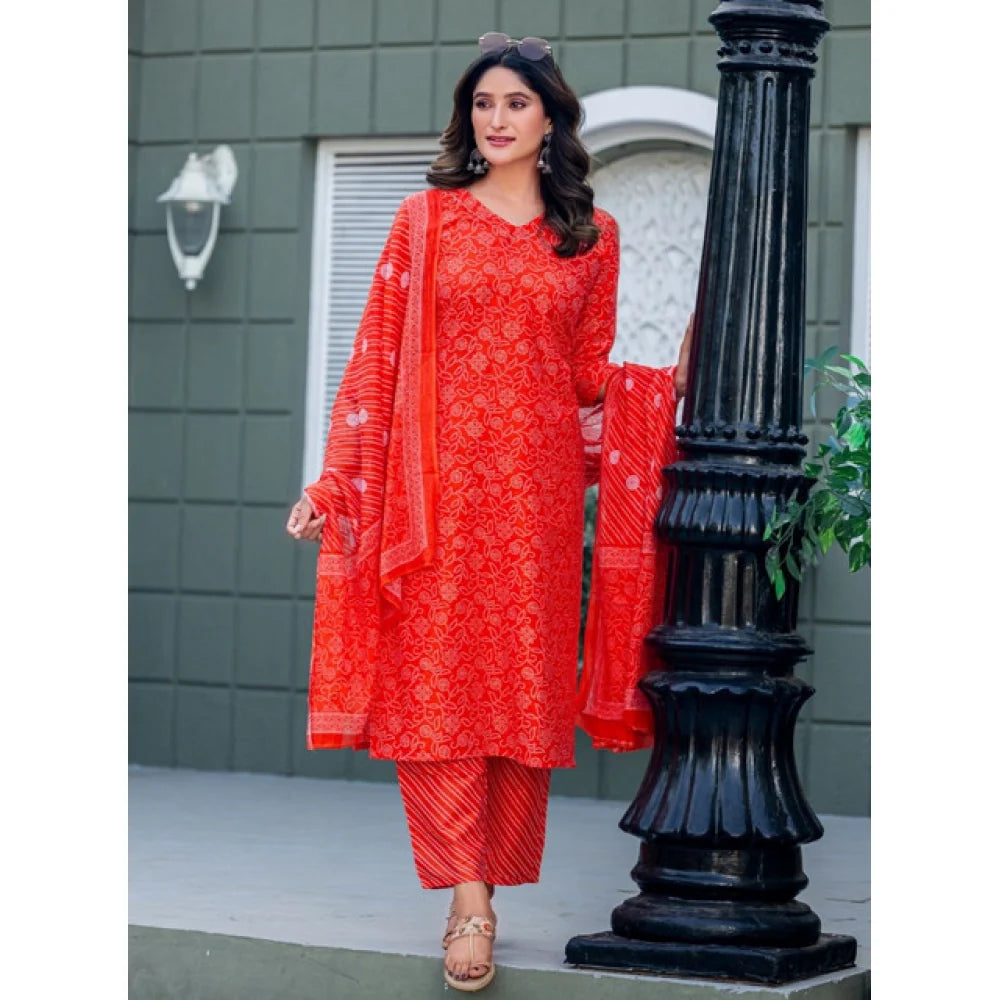 Women's Cotton Blend Printed Kurti With Pant Dupatta Set (Orange)