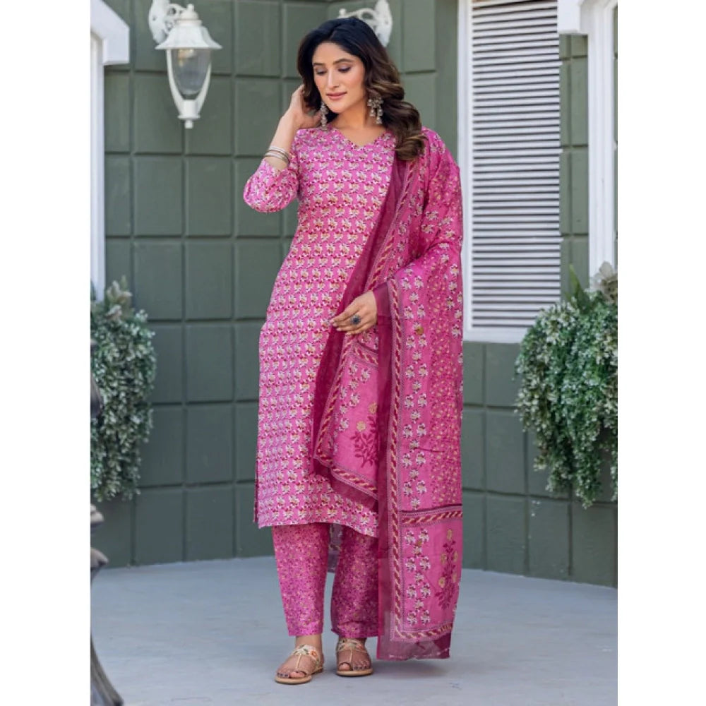 Women's Cotton Blend Printed Kurti With Pant Dupatta Set (Pink)
