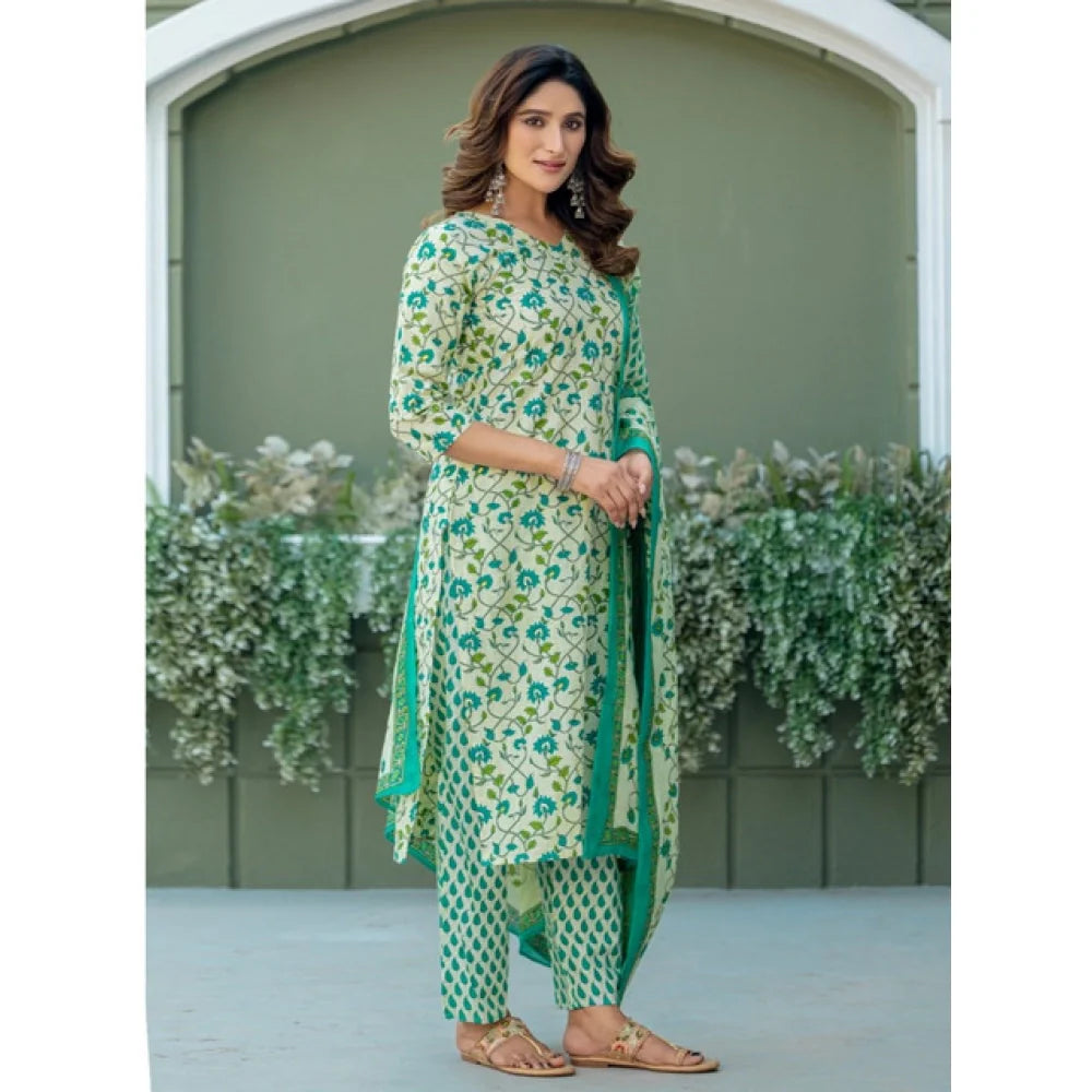 Women's Cotton Blend Printed Kurti With Pant Dupatta Set (Pista)