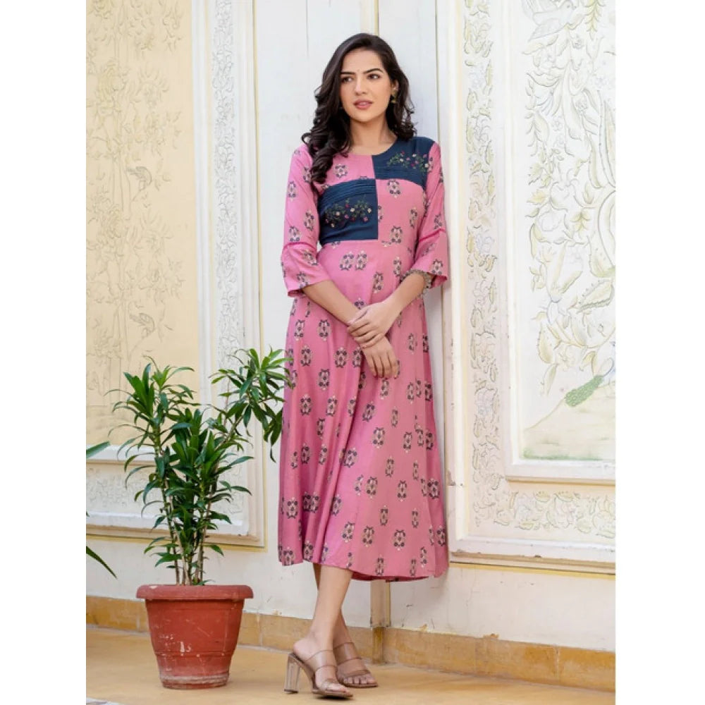 Women's Rayon  Print With Embroidery Work A-Line Kurti (Wine)