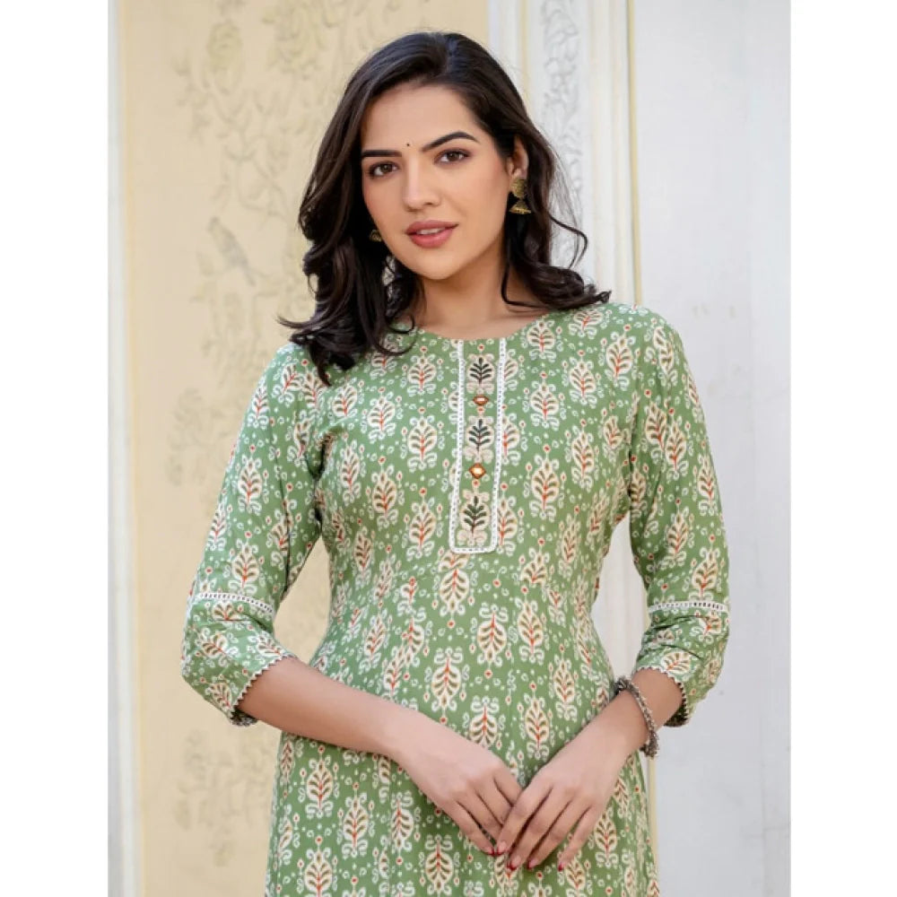 Women's Rayon  Print With Embroidery Work A-Line Kurti (Green)