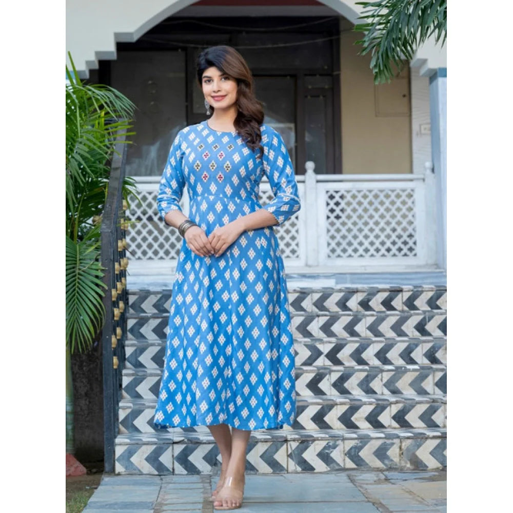 Women's Rayon Print With Embroidery Work A-Line Kurti (Sky Blue)