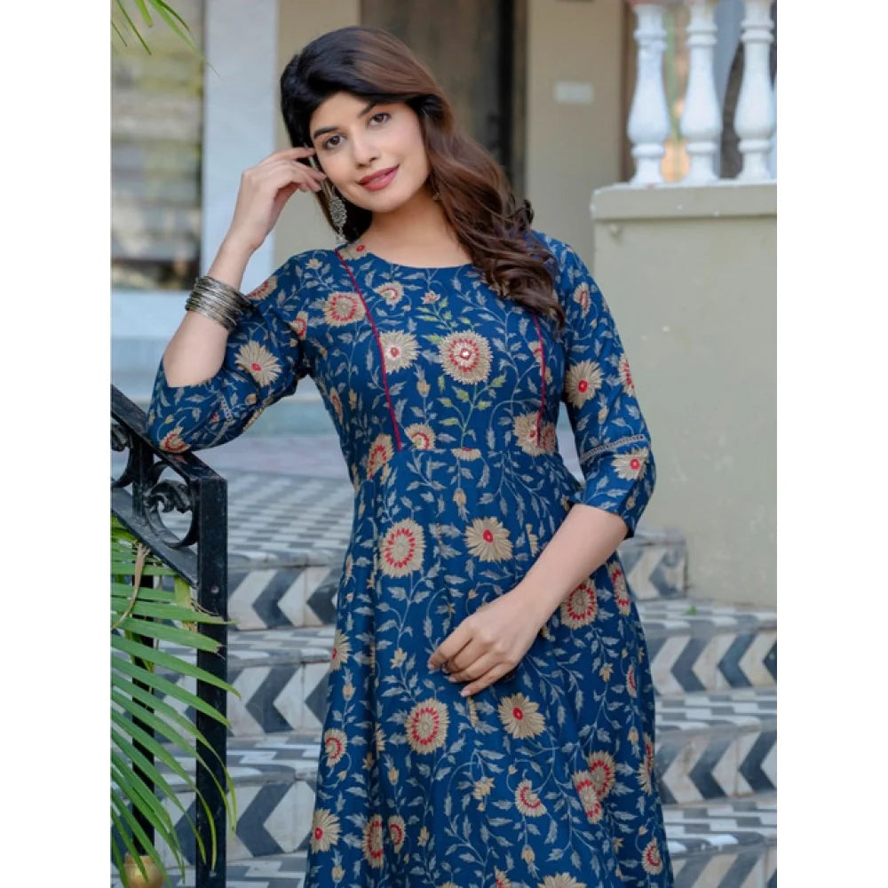 Women's Rayon Print With Embroidery Work A-Line Kurti (Navy Blue)