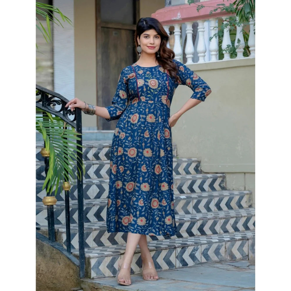 Women's Rayon Print With Embroidery Work A-Line Kurti (Navy Blue)
