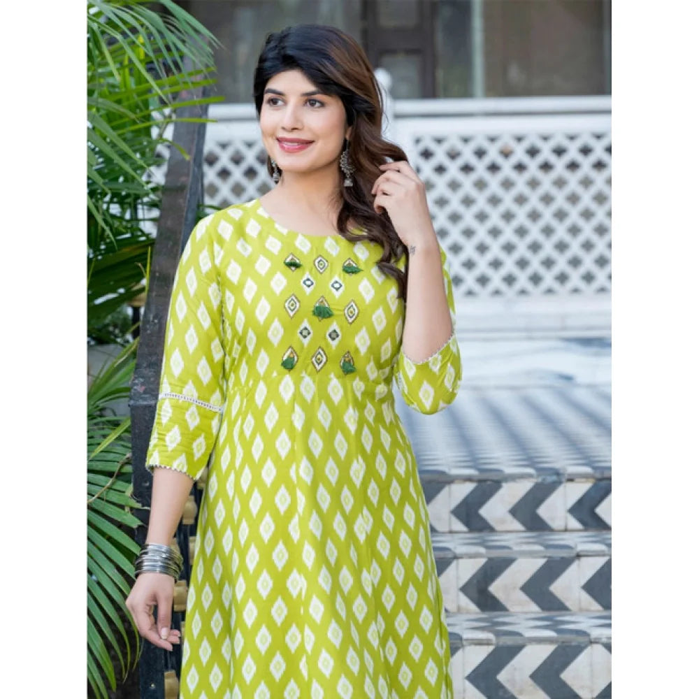 Women's Rayon Print With Embroidery Work A-Line Kurti (Parrot)