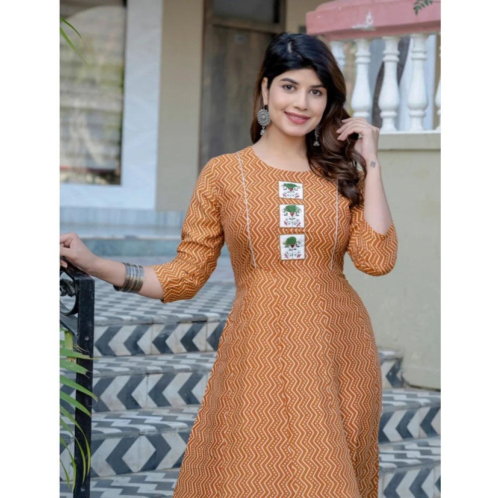 Women's Rayon Print With Embroidery Work A-Line Kurti (Rust)