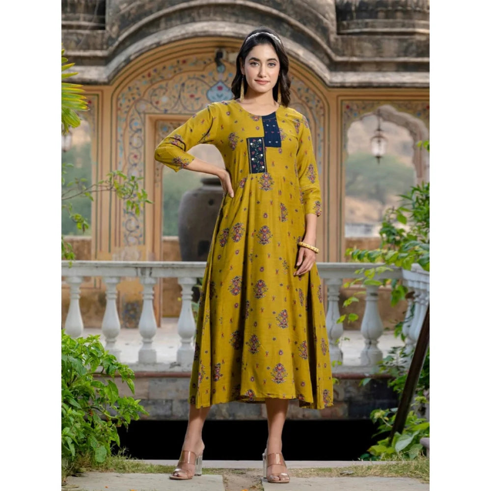 Women's Rayon Print With Embroidery Work A-Line Kurti (Mehendi)