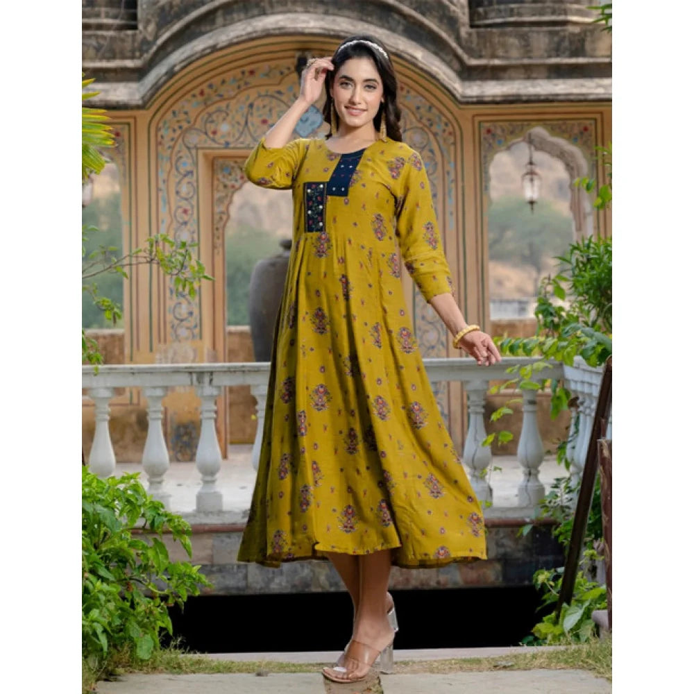 Women's Rayon Print With Embroidery Work A-Line Kurti (Mehendi)
