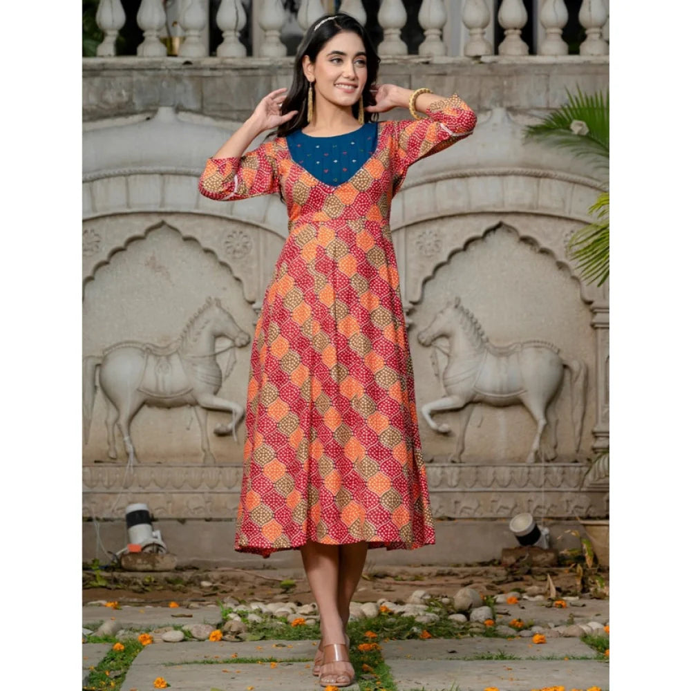 Women's Rayon Print With Embroidery Work A-Line Kurti (Multicolor)
