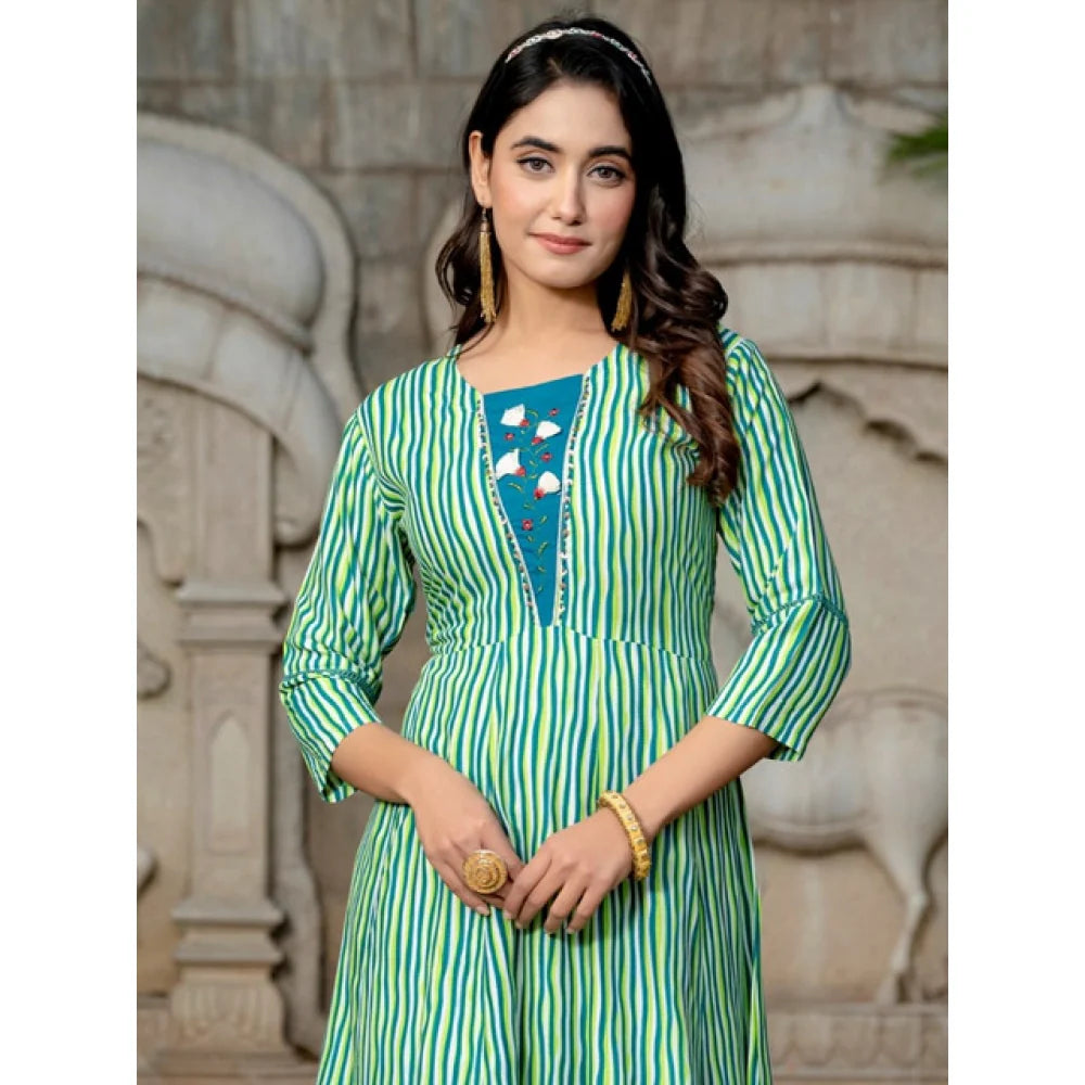 Women's Rayon Print With Embroidery Work A-Line Kurti (Rama)