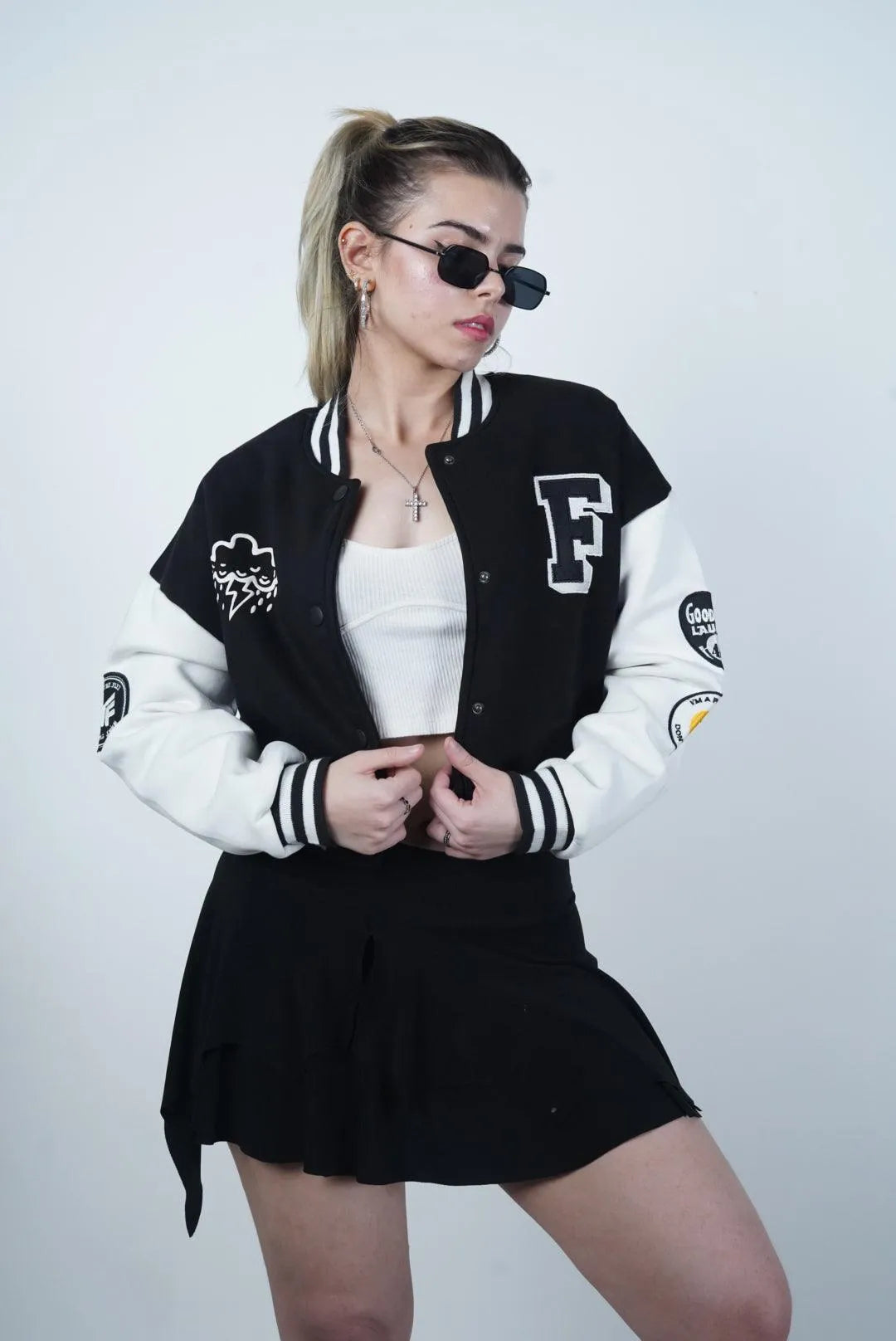 Did I Imagine It? Cropped Black Varsity Jacket for Women
