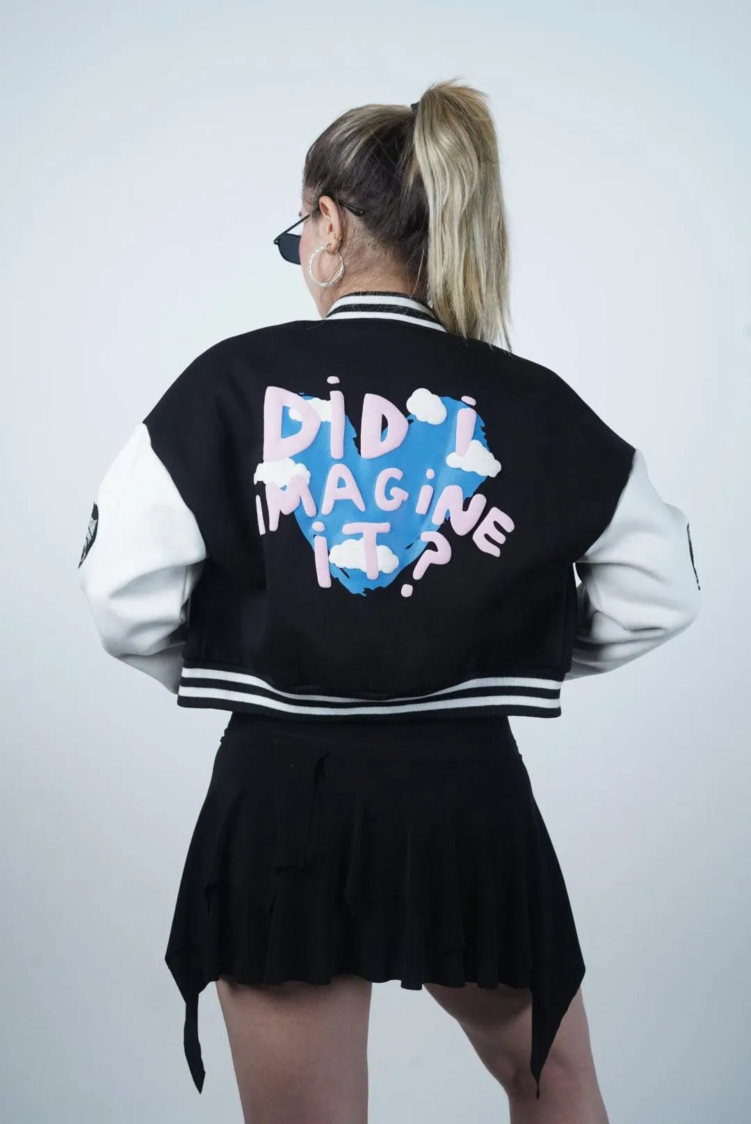 Did I Imagine It? Cropped Black Varsity Jacket for Women