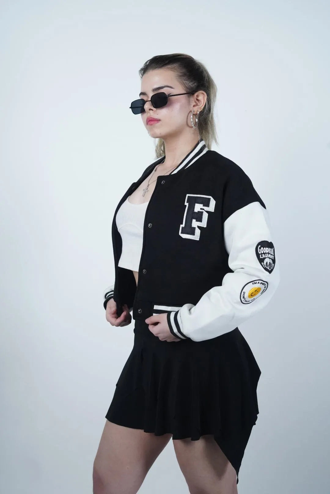 Did I Imagine It? Cropped Black Varsity Jacket for Women