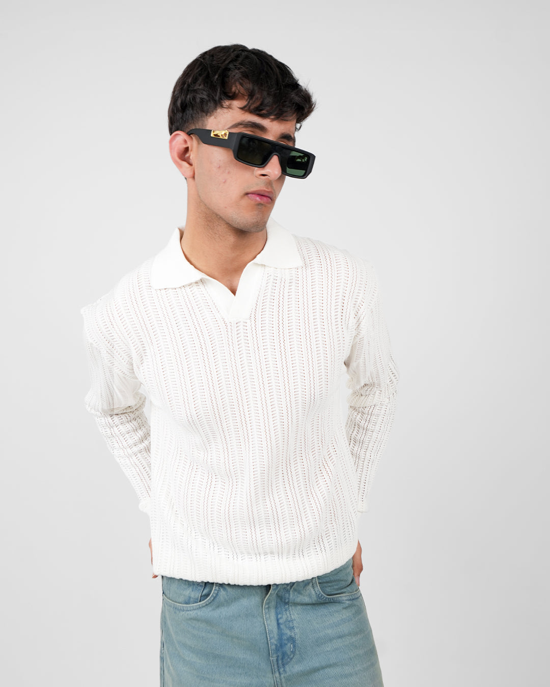 White Knitted Polo T-shirt Full Sleeve