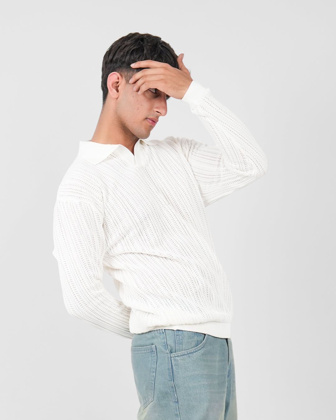 White Knitted Polo T-shirt Full Sleeve