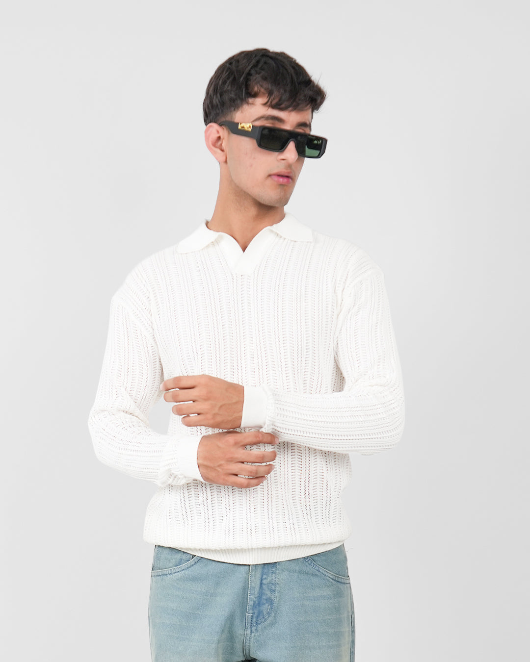 White Knitted Polo T-shirt Full Sleeve