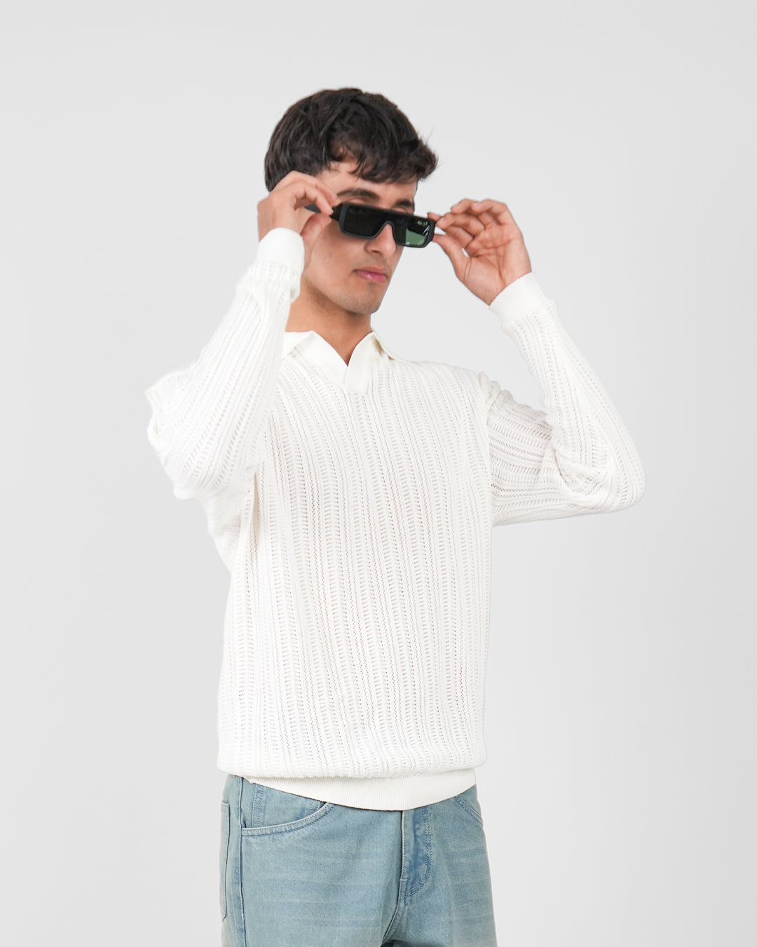White Knitted Polo T-shirt Full Sleeve