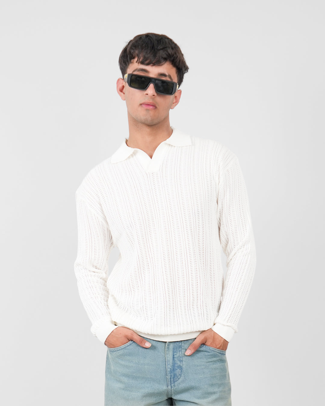 White Knitted Polo T-shirt Full Sleeve