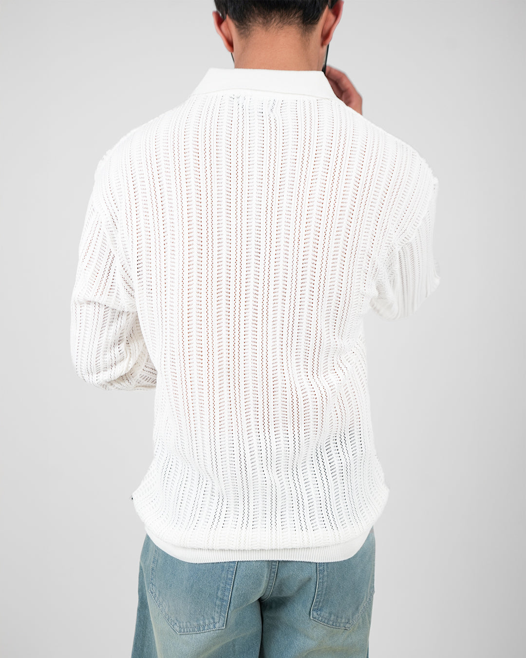 White Knitted Polo T-shirt Full Sleeve