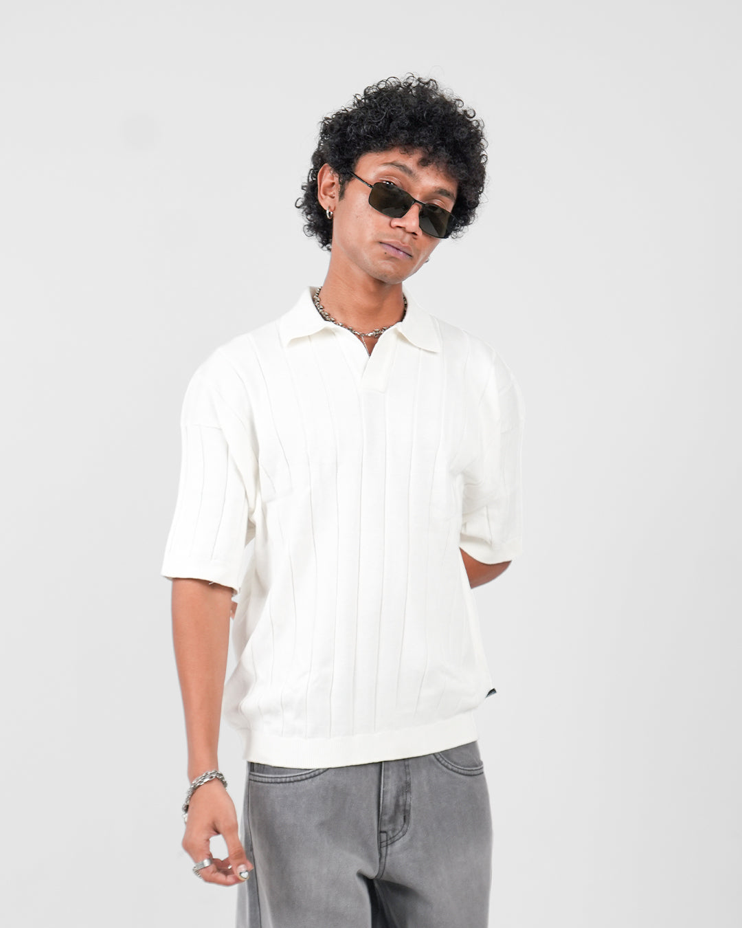 White Striped Knitted Polo T-Shirt