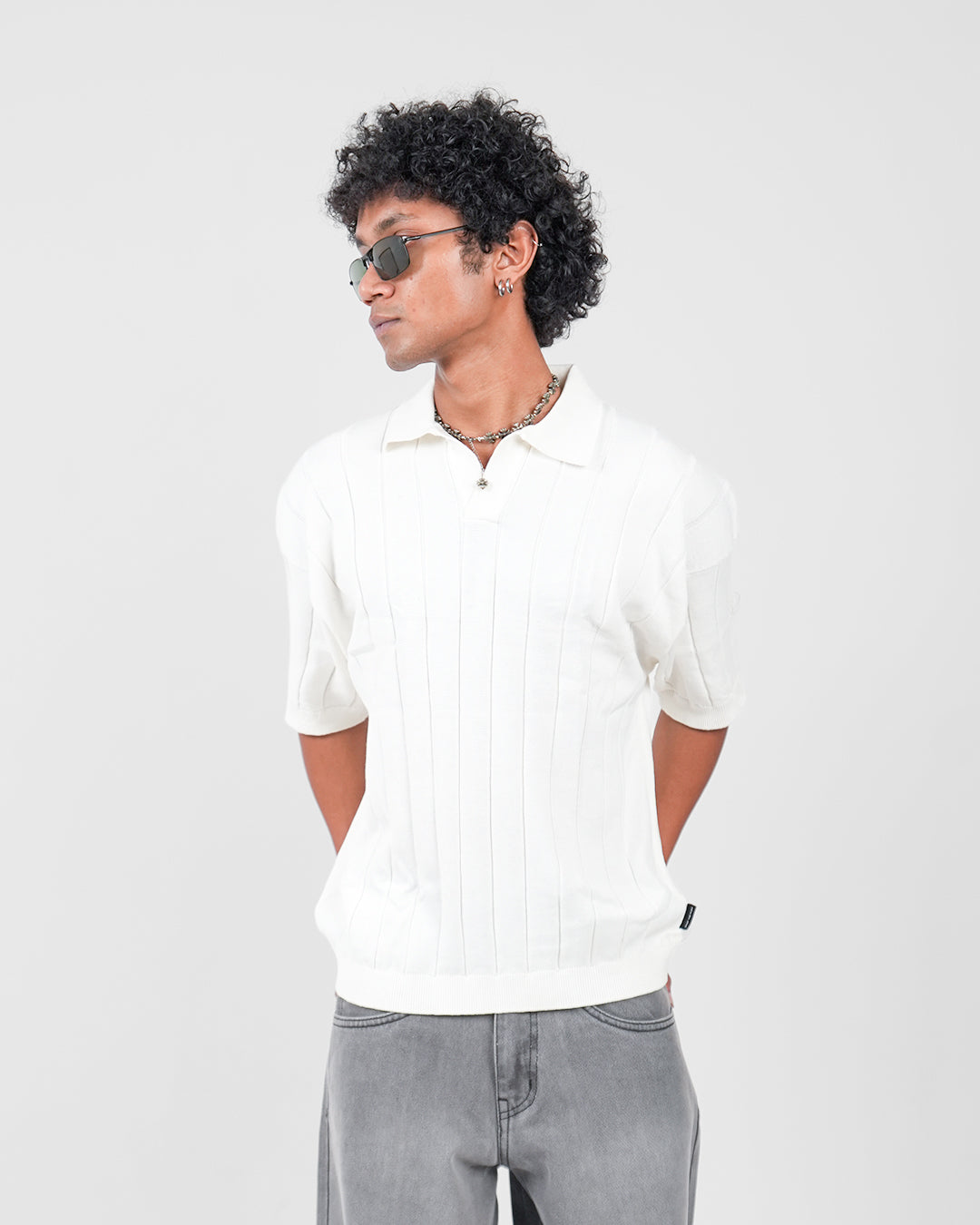 White Striped Knitted Polo T-Shirt