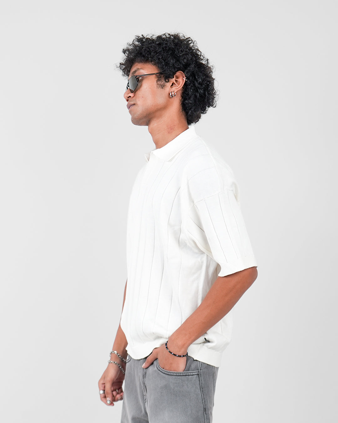 White Striped Knitted Polo T-Shirt