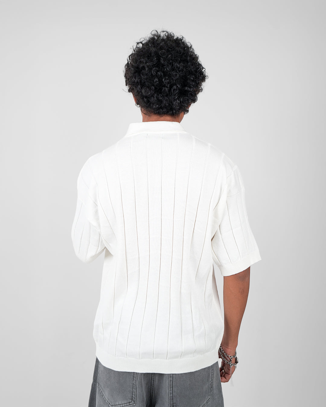 White Striped Knitted Polo T-Shirt