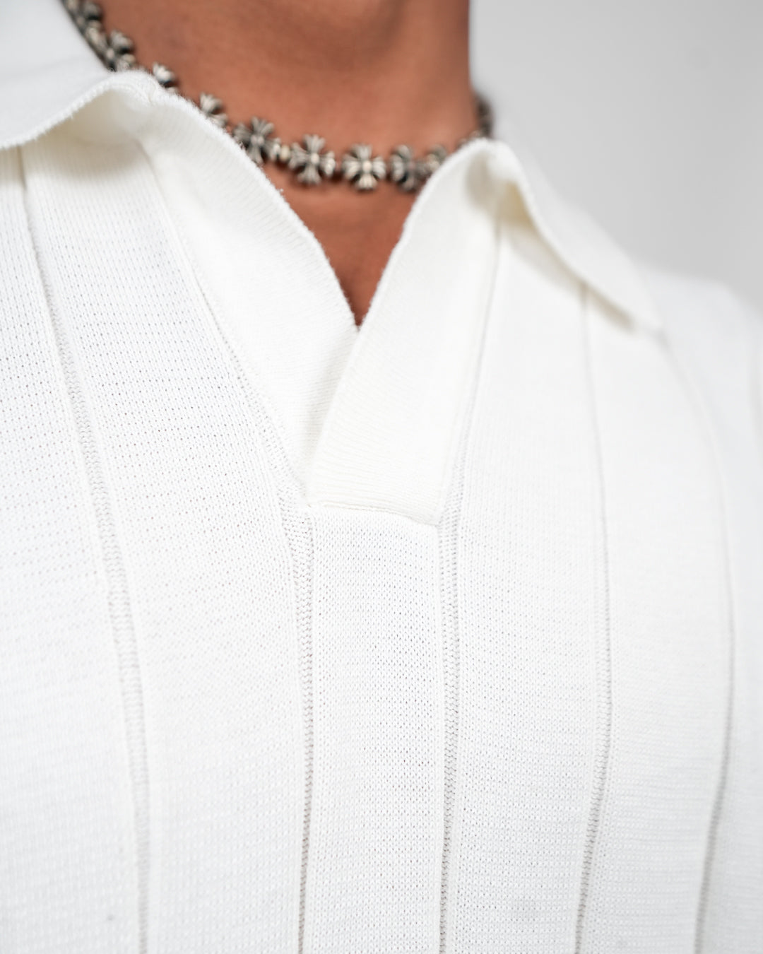 White Striped Knitted Polo T-Shirt