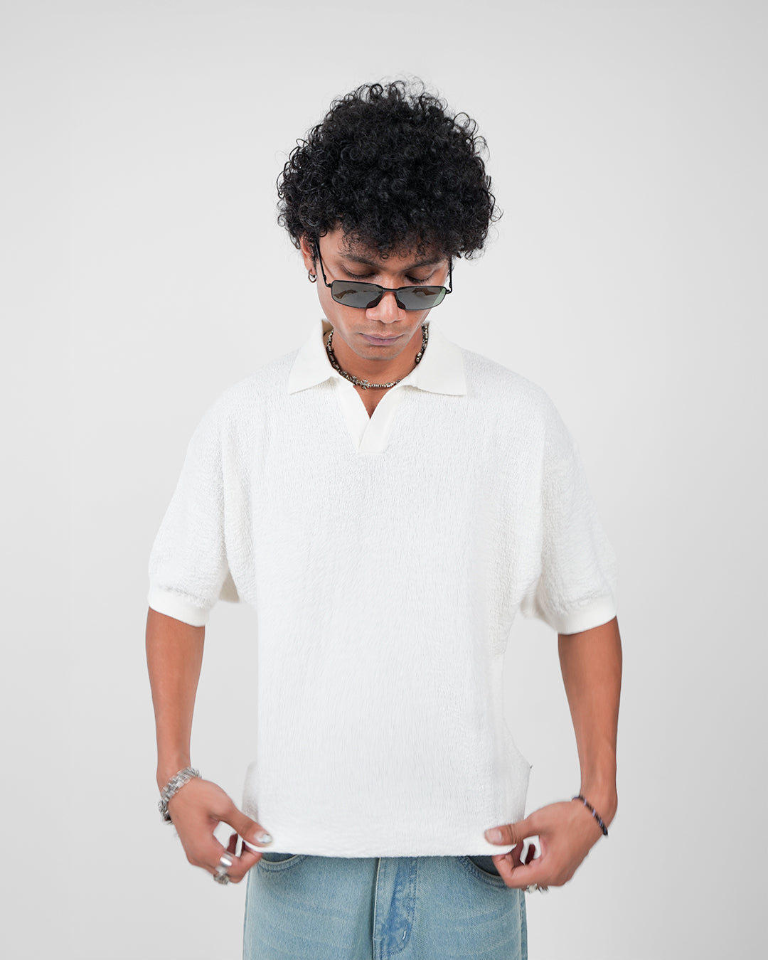 White Urban Knit Polo T-Shirt