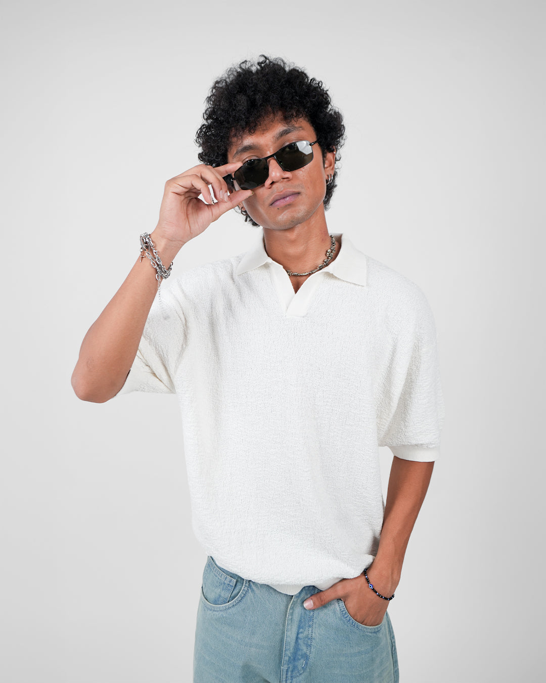 White Urban Knit Polo T-Shirt