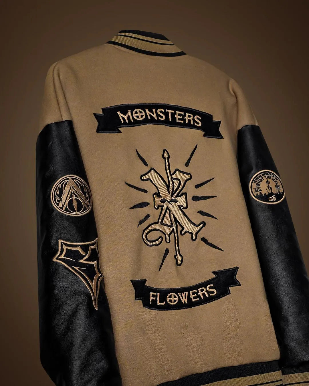Monsters & Flowers Black and Brown Varsity Jacket